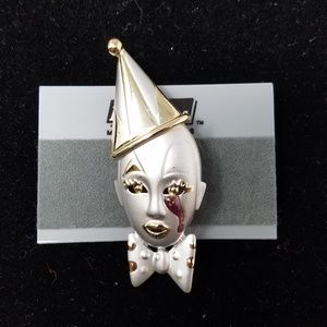 NEW Vintage Mardi Gra Clown Face with Painted Tears Hat and Bow Brooch Pin